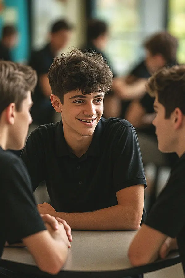 Students having a conversation in cafeteria